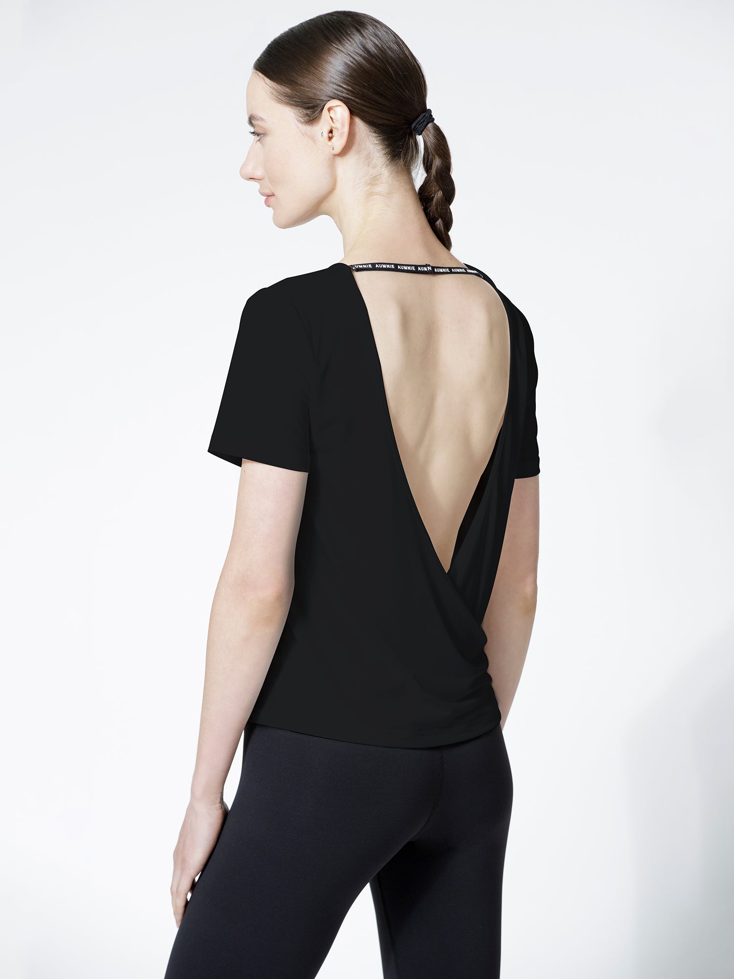 OPEN BACK WRAP TEE, BLACK