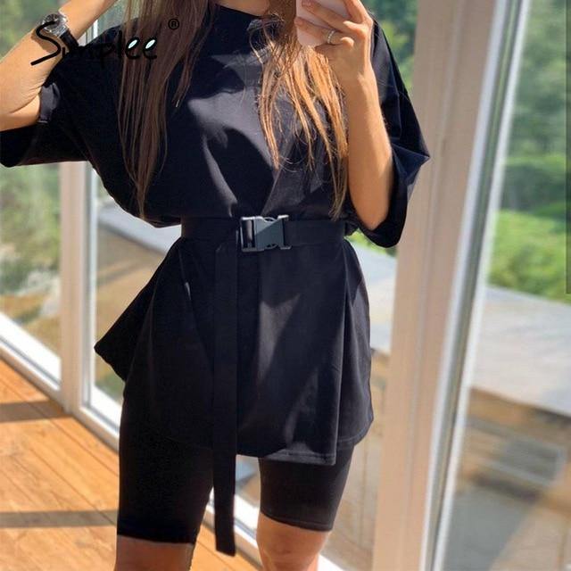 Simplee Casual Solid Outfits Women's Two Piece Suit with Belt Home Loose Sports Tracksuits Fashion Bicycle Summer Hot Suit 2020 - souvikdeysample