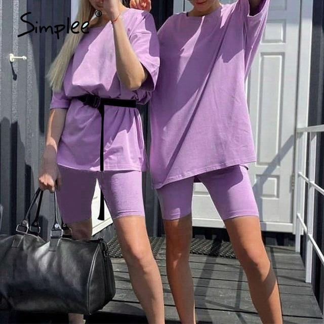 Simplee Casual Solid Outfits Women's Two Piece Suit with Belt Home Loose Sports Tracksuits Fashion Bicycle Summer Hot Suit 2020 - souvikdeysample