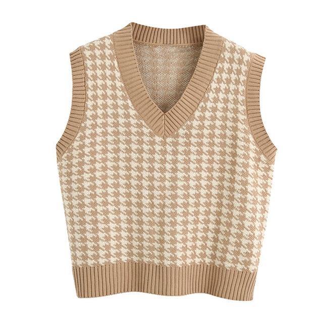 KPYTOMOA Women 2020 Fashion Oversized Houndstooth Knitted Vest Sweater Vintage Sleeveless Side Vents Female Waistcoat Chic Tops - souvikdeysample