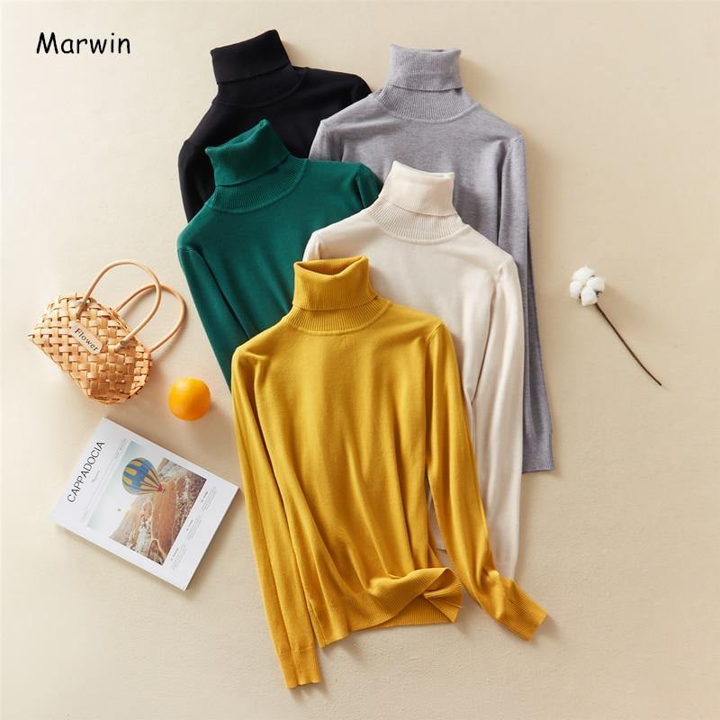 Marwin 2020 New-Coming Autumn Winter Solid Turn-Down Collar Pullovers Female Thick Turtleneck Knitted High Street Women Sweater - souvikdeysample