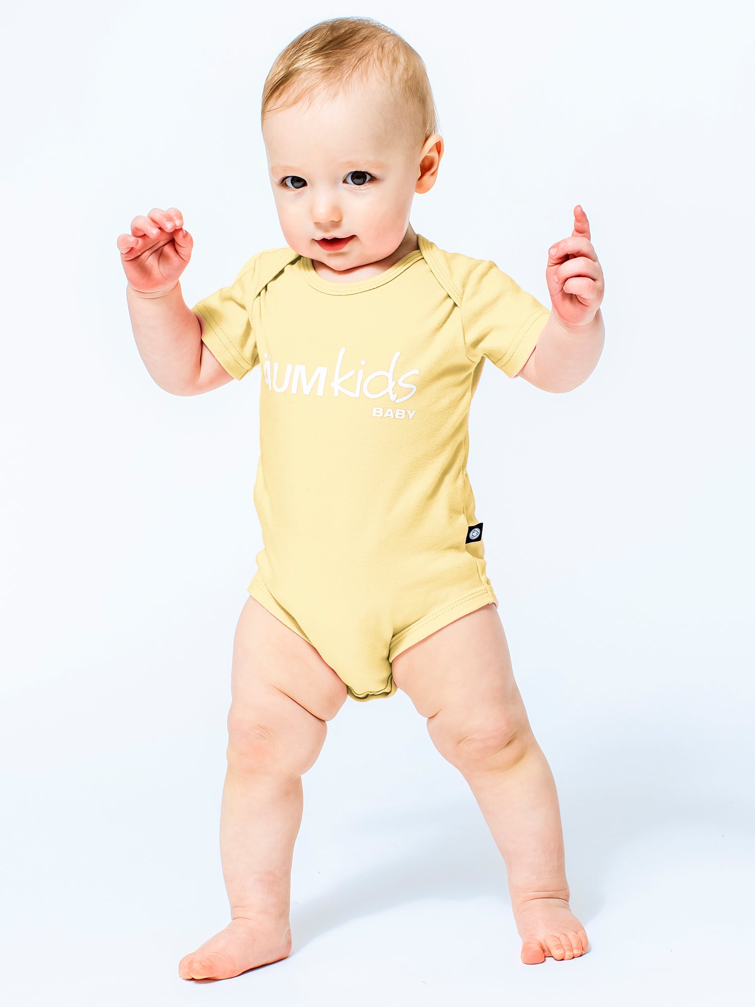 AUMkids HAPPY BABY SHORT SLEEVE ONESIE + BIB SET, YELLOW