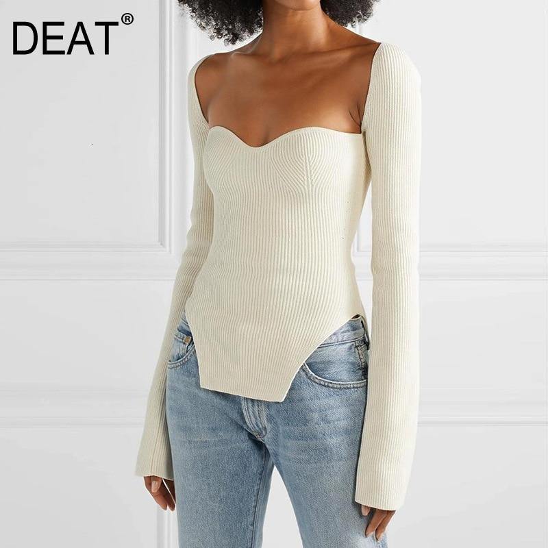 DEAT 2020 new spring and summer fashion women clothes cashmere sqaure collar full sleeves elastic high waist sexy pullover WK080 - souvikdeysample