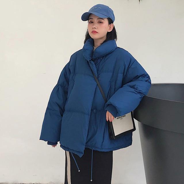 Korean Style 2019 Winter Jacket Women Stand Collar Solid Black White Female Down Coat Loose Oversized Womens Short Parka - souvikdeysample