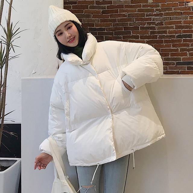 Korean Style 2019 Winter Jacket Women Stand Collar Solid Black White Female Down Coat Loose Oversized Womens Short Parka - souvikdeysample
