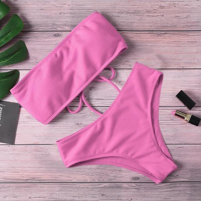 2020 New Bikini Women Swimwear High Waist Strapless Sexy Bikini Pure Color Women Swimsuit Padded Bathing Suit Monokin - souvikdeysample
