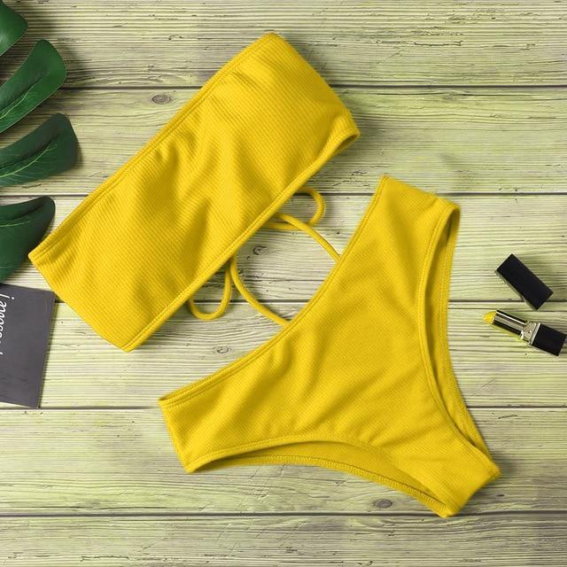2020 New Bikini Women Swimwear High Waist Strapless Sexy Bikini Pure Color Women Swimsuit Padded Bathing Suit Monokin - souvikdeysample