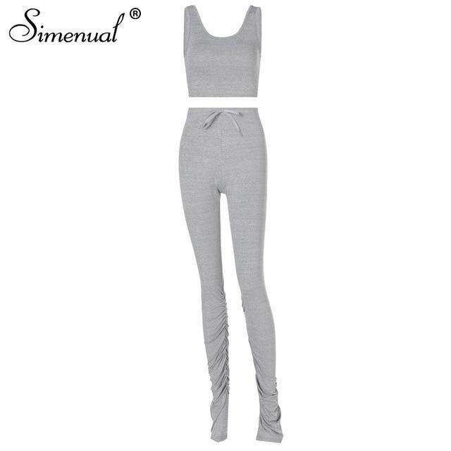 Simenual Tank Top And Stacked Pants 2 Piece Set Women Casual Sportswear Sleeveless Tracksuits Fashion Workout Grey Matching Sets - souvikdeysample