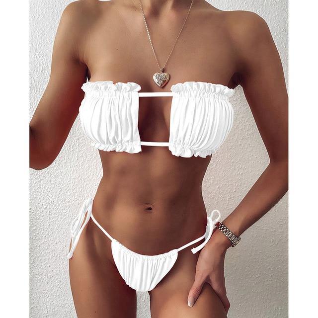 Sexy Bikini 2020 Pleated Bandeau Swimsuit Female Swimwear Women Mini Thong Bikini Set Bather Swimming Beachwear for Bathing Suit - souvikdeysample