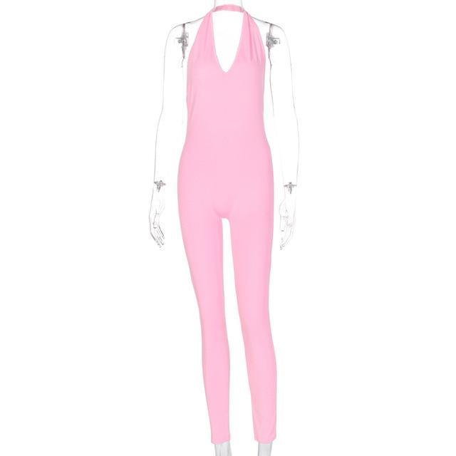 Simenual Solid Bodycon Halter Women Long Jumpsuits Skinny Backless Sleeveless Workout Overalls Sportswear Fashion Basic Jumpsuit - souvikdeysample