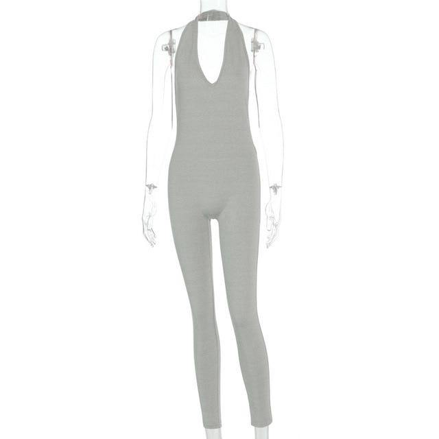 Simenual Solid Bodycon Halter Women Long Jumpsuits Skinny Backless Sleeveless Workout Overalls Sportswear Fashion Basic Jumpsuit - souvikdeysample