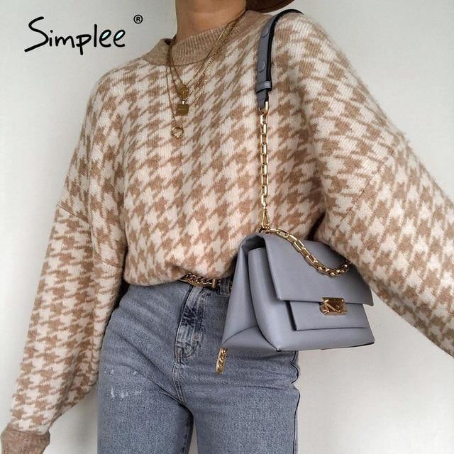Simplee Women geometric khaki knitted sweater women casual Houndstooth lady pullover sweater female Autumn winter retro jumper - souvikdeysample