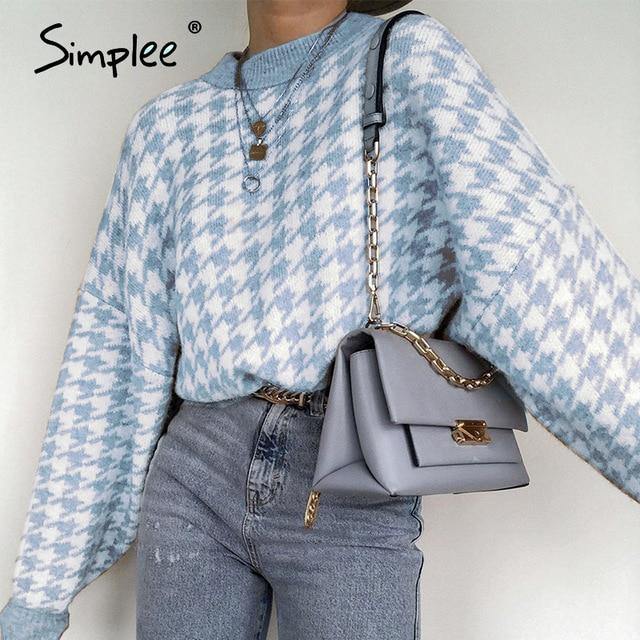 Simplee Women geometric khaki knitted sweater women casual Houndstooth lady pullover sweater female Autumn winter retro jumper - souvikdeysample