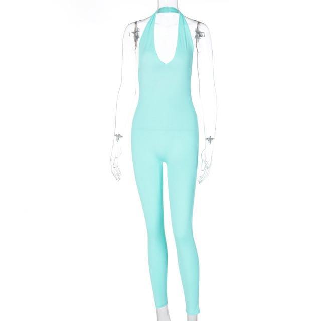 Simenual Solid Bodycon Halter Women Long Jumpsuits Skinny Backless Sleeveless Workout Overalls Sportswear Fashion Basic Jumpsuit - souvikdeysample