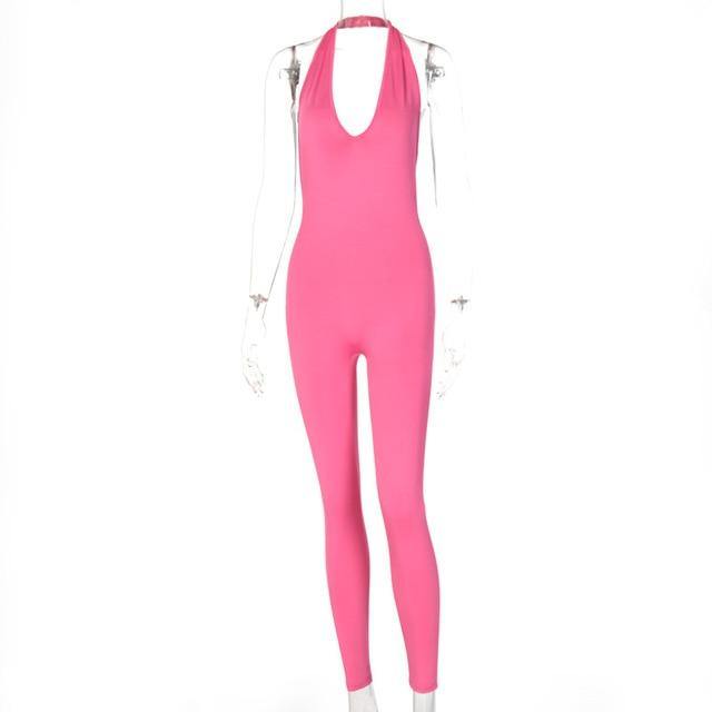 Simenual Solid Bodycon Halter Women Long Jumpsuits Skinny Backless Sleeveless Workout Overalls Sportswear Fashion Basic Jumpsuit - souvikdeysample