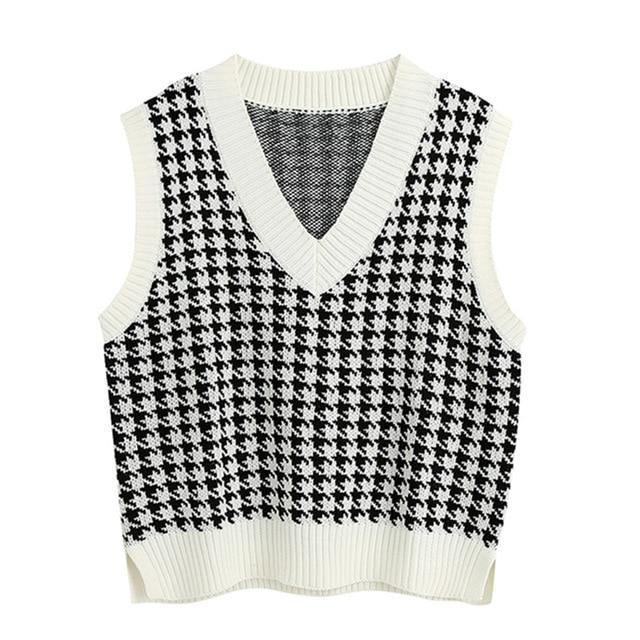 KPYTOMOA Women 2020 Fashion Oversized Houndstooth Knitted Vest Sweater Vintage Sleeveless Side Vents Female Waistcoat Chic Tops - souvikdeysample