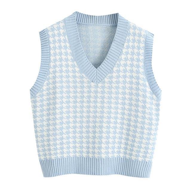 KPYTOMOA Women 2020 Fashion Oversized Houndstooth Knitted Vest Sweater Vintage Sleeveless Side Vents Female Waistcoat Chic Tops - souvikdeysample