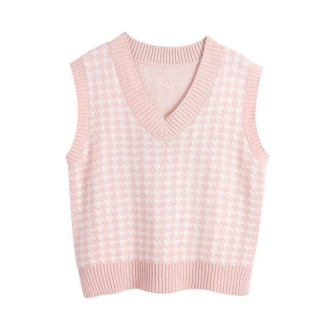 KPYTOMOA Women 2020 Fashion Oversized Houndstooth Knitted Vest Sweater Vintage Sleeveless Side Vents Female Waistcoat Chic Tops - souvikdeysample