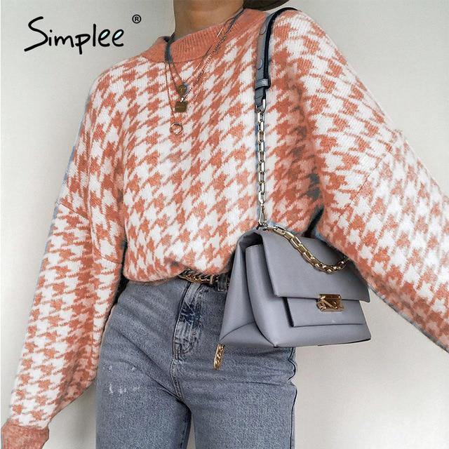 Simplee Women geometric khaki knitted sweater women casual Houndstooth lady pullover sweater female Autumn winter retro jumper - souvikdeysample