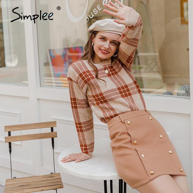 Simplee Women geometric khaki knitted sweater women casual Houndstooth lady pullover sweater female Autumn winter retro jumper - souvikdeysample